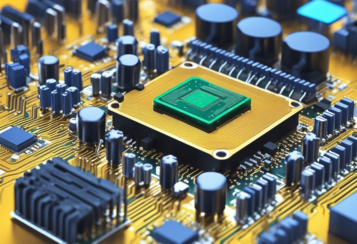 A processor sits on a circuit board, surrounded by other electronic components. Wires connect it to the motherboard, and a cooling fan hovers above