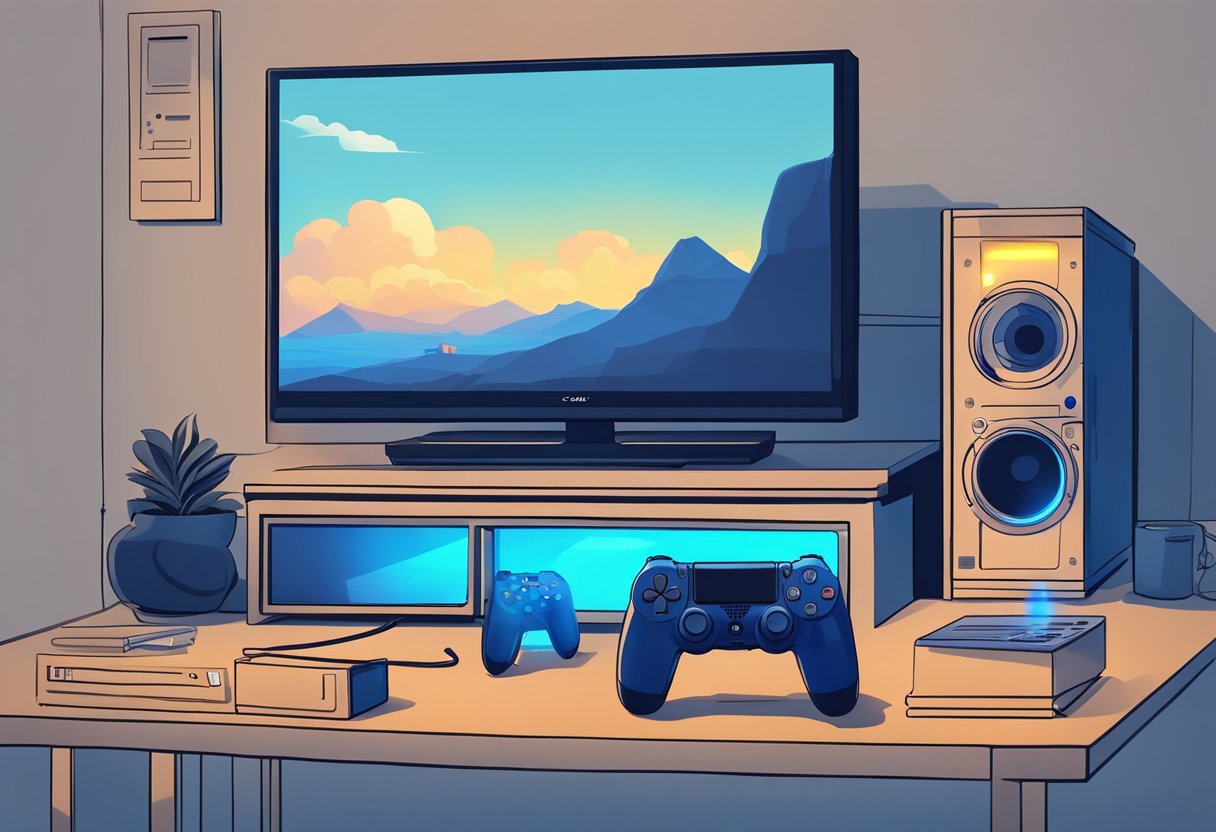 The PS4 console emits a bright blue light, signaling a system error. The screen displays an error message, while the console sits on a TV stand