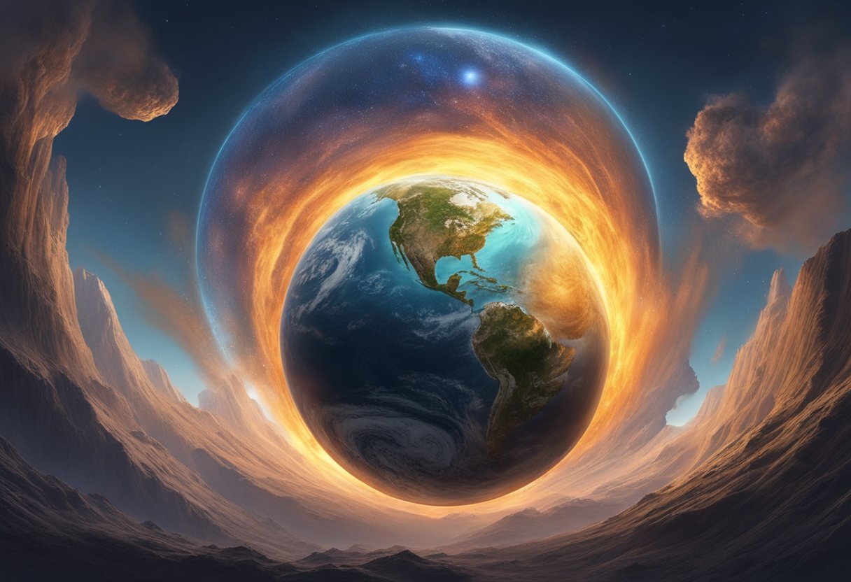 The earth, a sphere engulfed in swirling gases and molten rock, spins through the void of space, its surface scarred by eons of geological activity