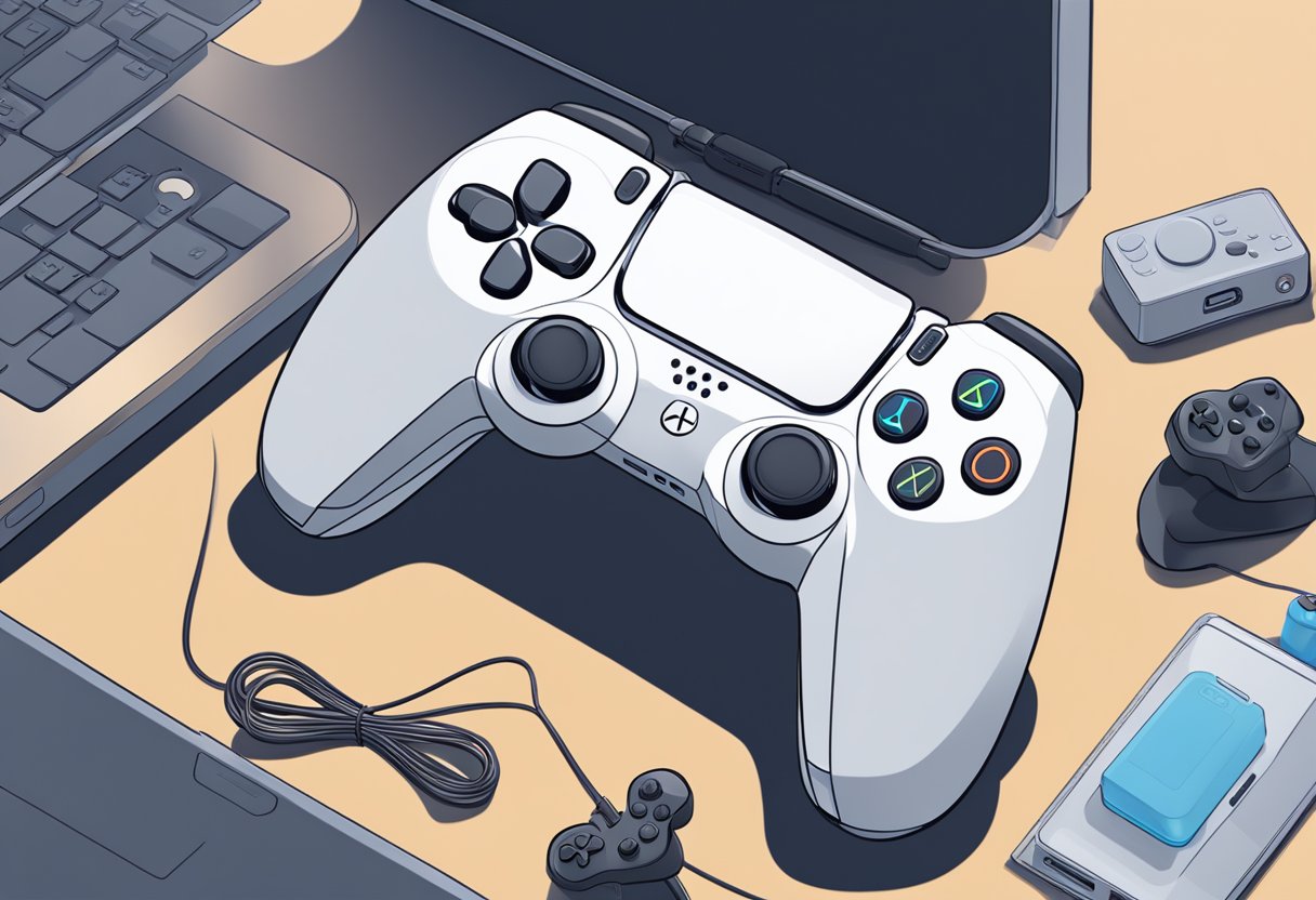 The PS5 controller sits on a table, with the circle button unresponsive. The controller is surrounded by gaming accessories and a TV screen showing a game paused