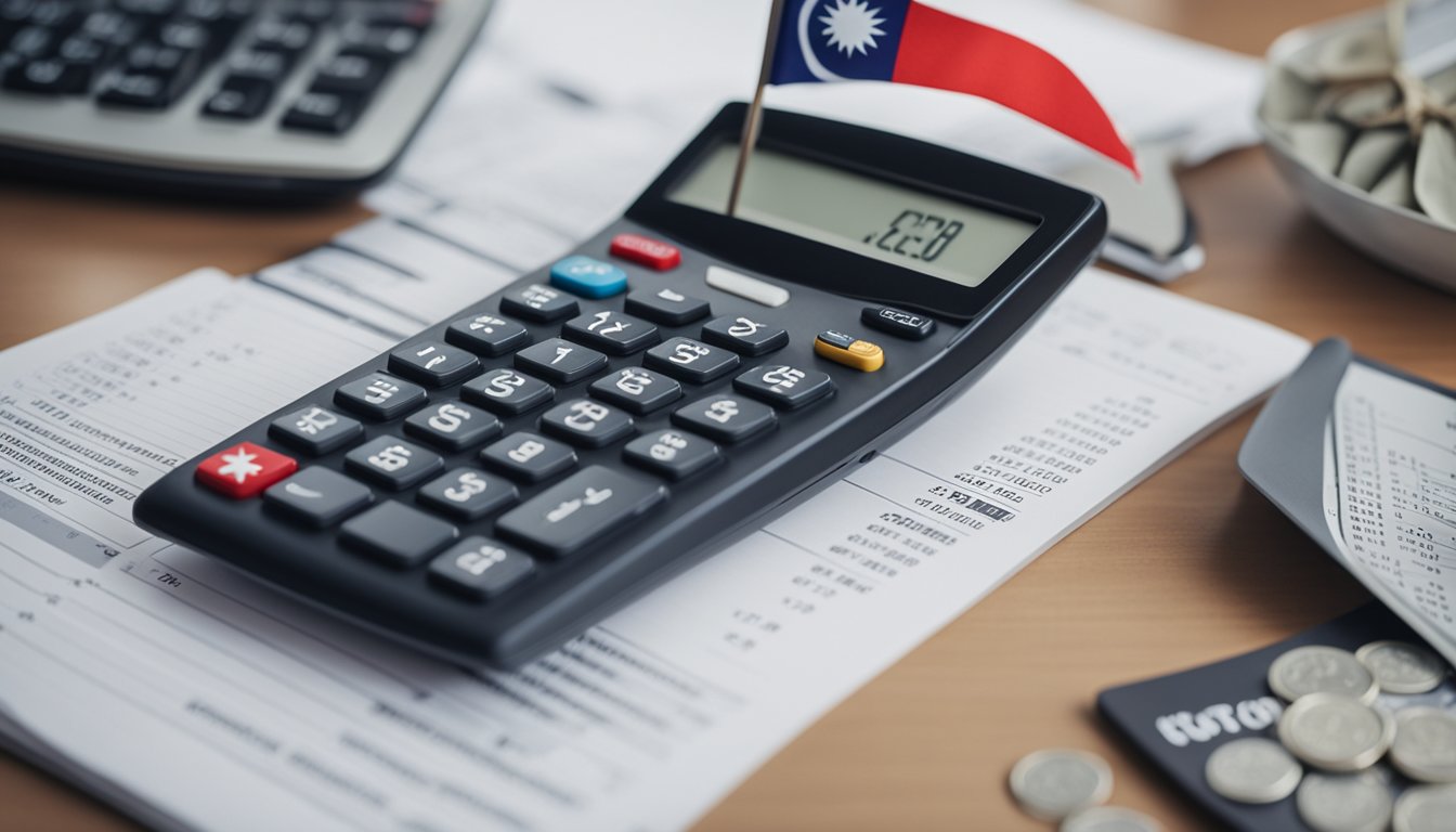 A calculator and a stack of financial documents on a desk, with a Singaporean flag in the background