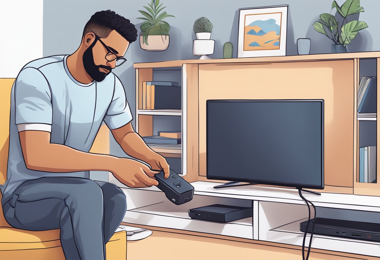 A person unplugs and checks the PS5 HDMI cable for damage, then reconnects it firmly into the console and TV, ensuring the correct input is selected