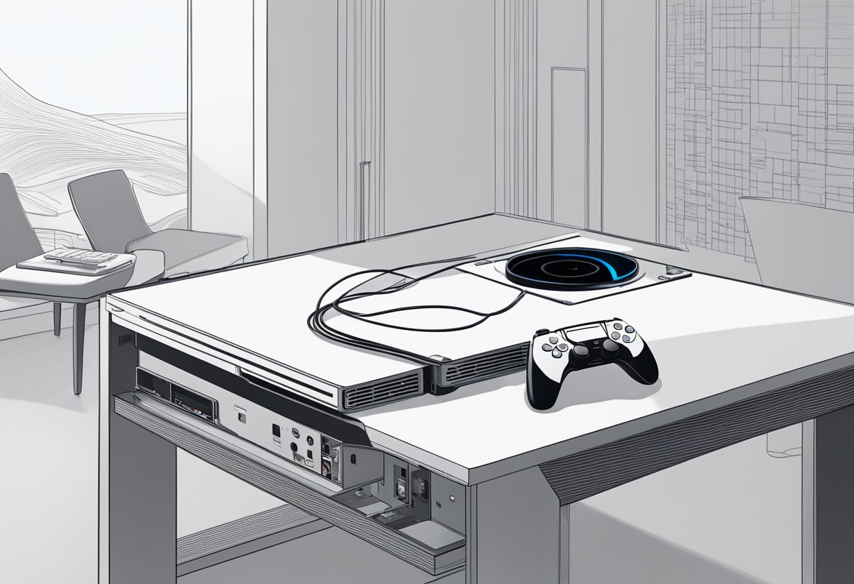 The PS5 console sits on a table with an external hard drive connected. A person troubleshoots by checking cable connections and restarting the console