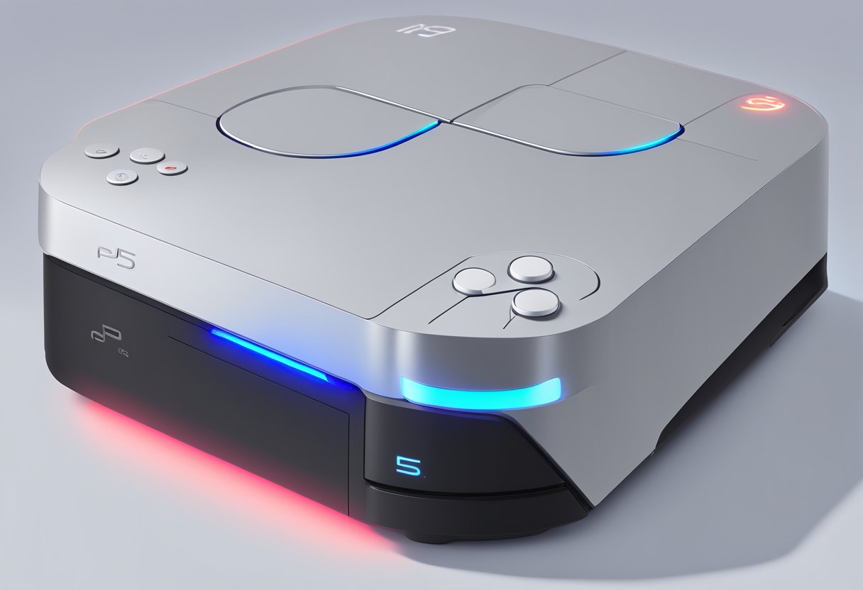 The PS5 console is shown with a red light indicating a power issue. The power button is not properly turned off