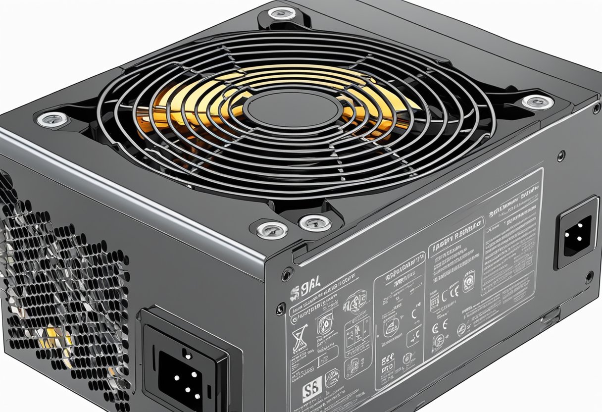 A computer power supply unit (PSU) emits smoke and heat, with visible signs of overheating such as discoloration and warping of the casing