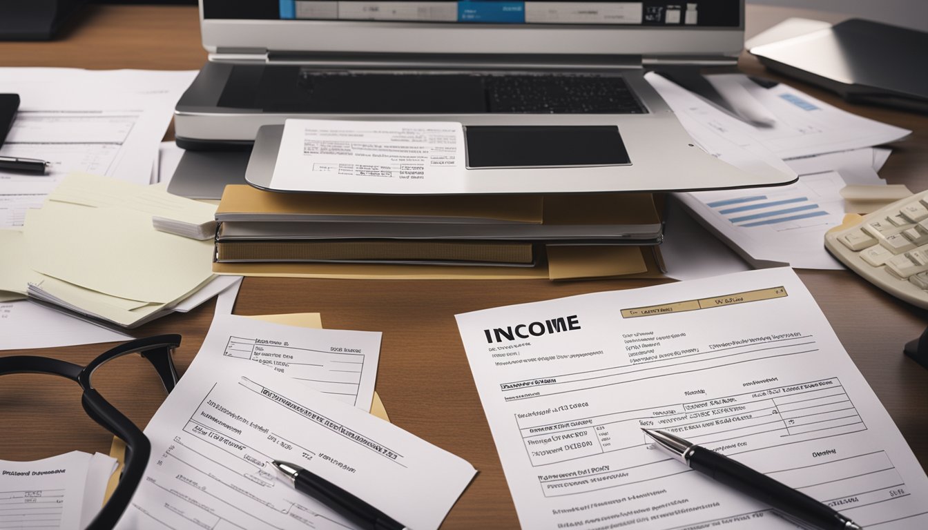 A desk with a laptop, pen, and paper. A stack of documents labeled "Income Statements," "Bank Statements," and "Identification" are neatly arranged