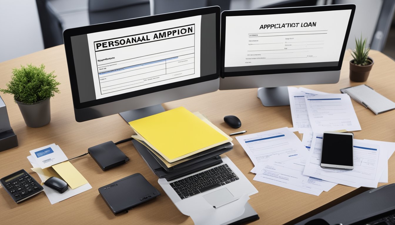 A desk with a laptop, ID card, bank statements, and a pen. A stack of application forms and a sign indicating "Personal Loan Application" on the desk