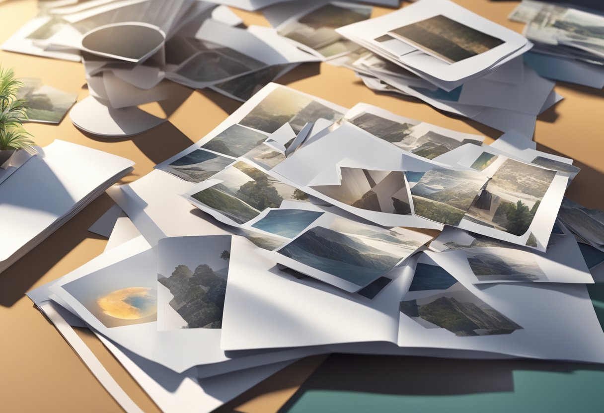 A folder with various photos scattered randomly on a table. Some photos are face down, others overlapping. Light casts shadows on the surface