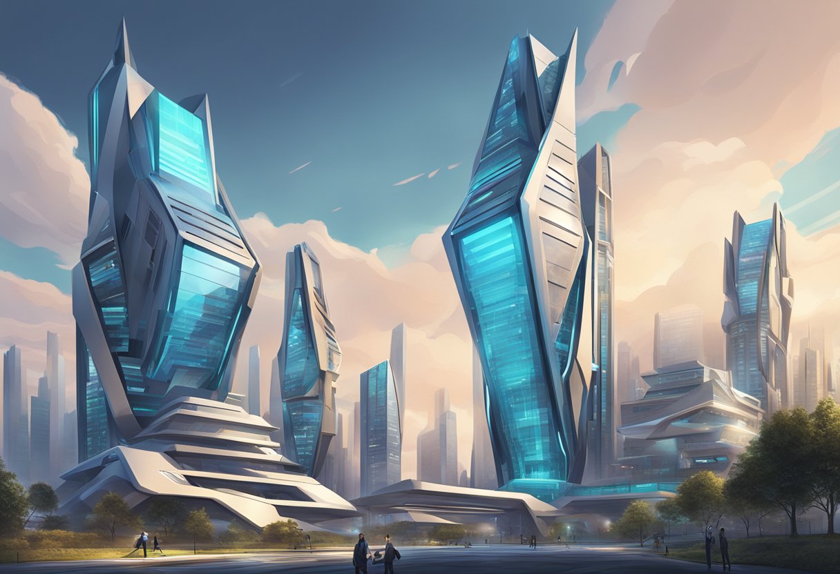 A futuristic cityscape with sleek, angular buildings showcasing the contrast between rdna 3 and rdna 2 architectural designs