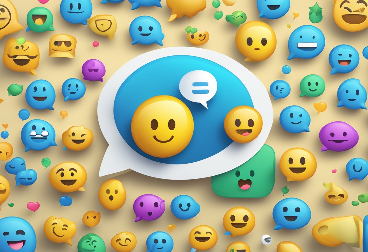 Various emoji-like symbols pop up around a message bubble, indicating different reactions