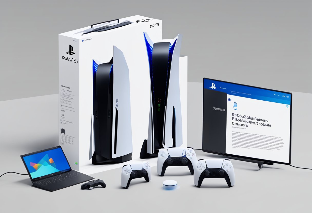 A PS5 console sits on a clean, well-lit surface. A controller is nearby. On the screen, a progress bar indicates a database rebuild in progress