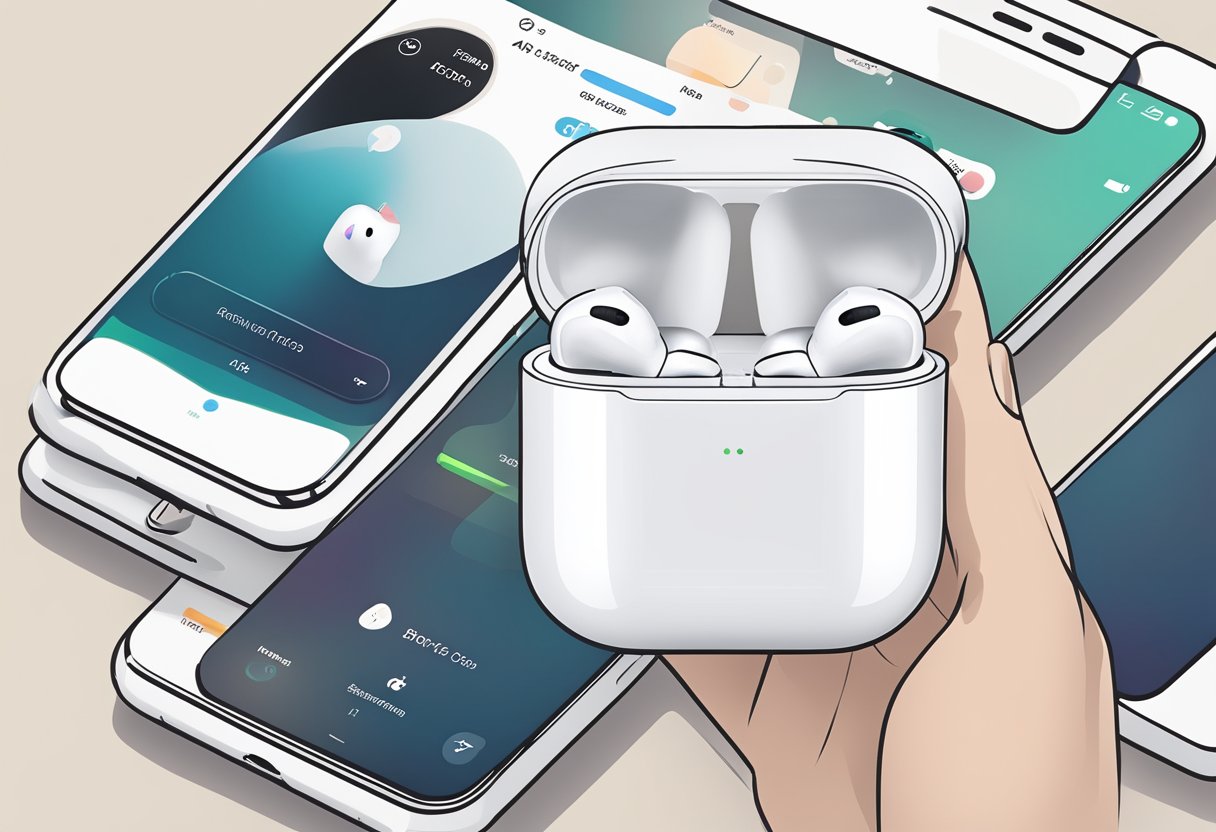 AirPods box open, phone screen shows "Settings" -> "Bluetooth" -> "AirPods" -> "Name" -> "Rename" -> new name entered”></p>
<h3><span id=