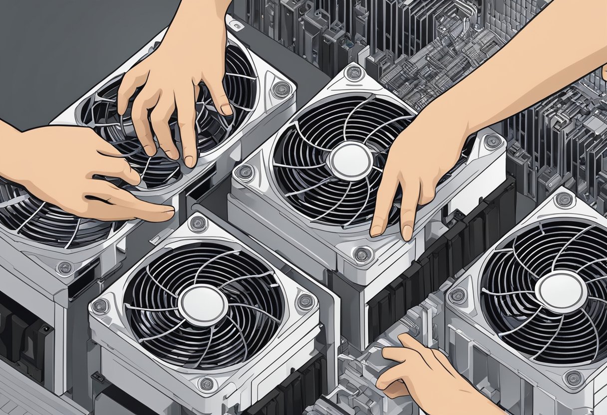 A hand reaches for the CPU cooler, unscrewing and replacing the fans