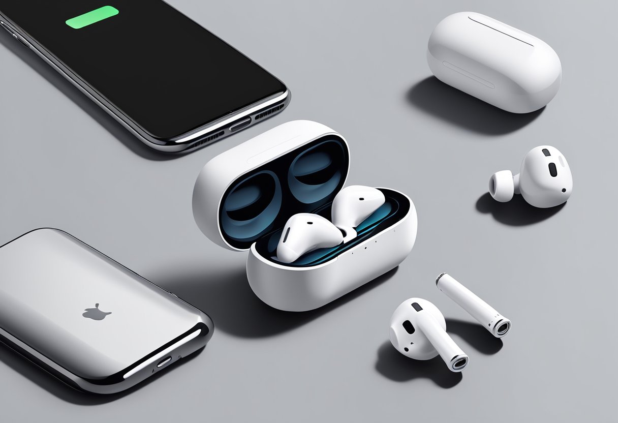 AirPods placed on a flat surface, next to an open charging case. A finger presses and holds the setup button on the back of the case
