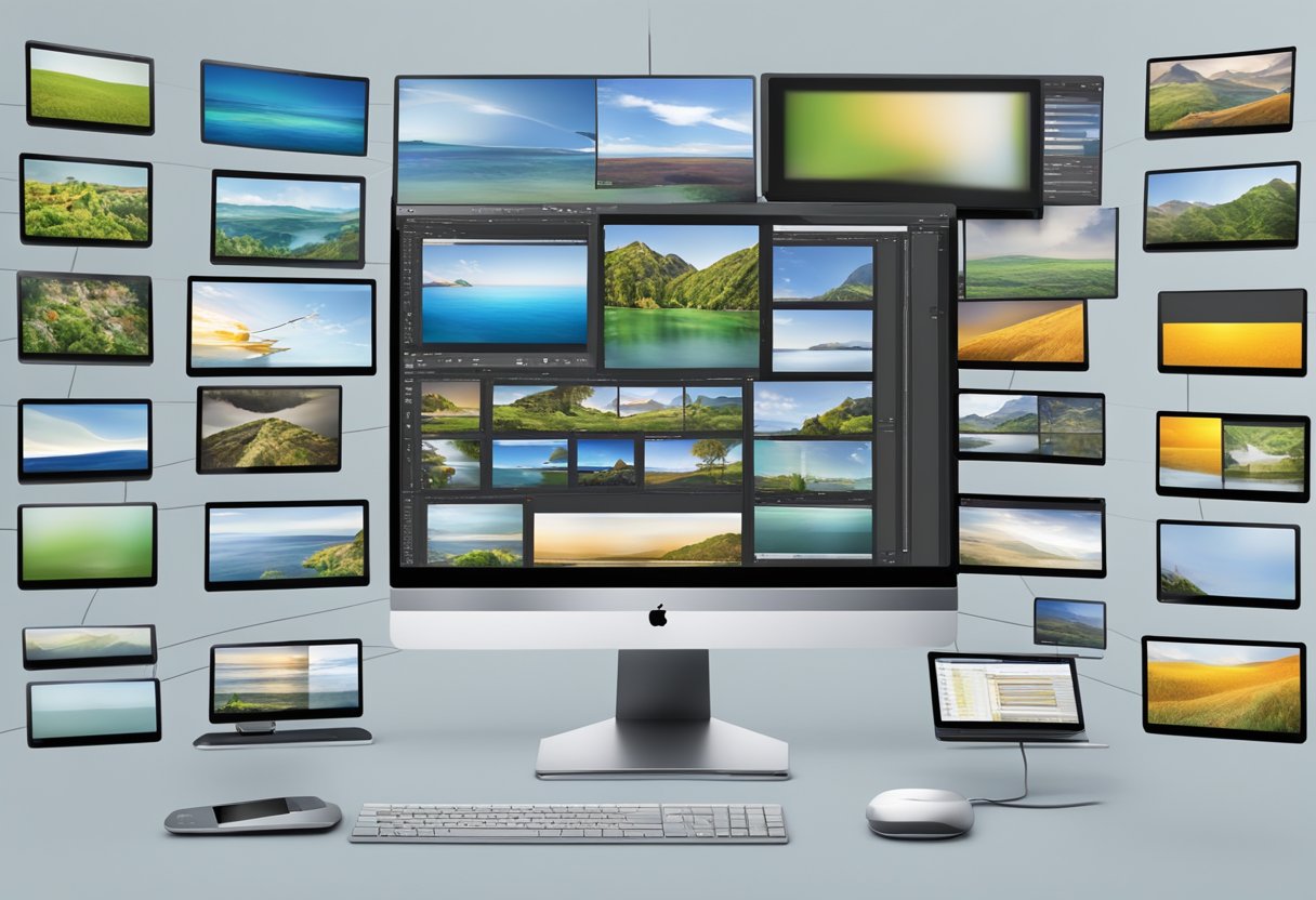 A computer screen displaying various image files being resized simultaneously using software and tools