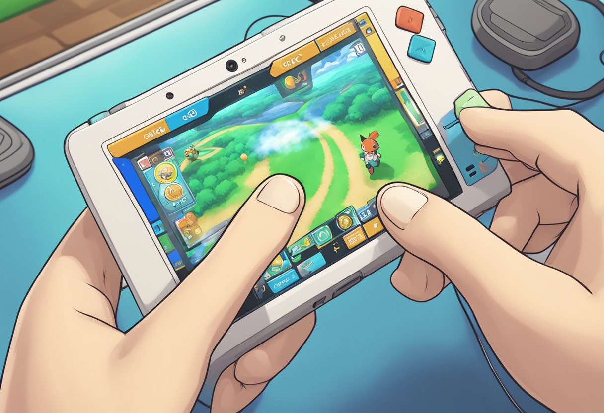 The game console screen shows the "Pokemon Sun and Moon" title screen. A hand reaches for the power button, ready to restart the game