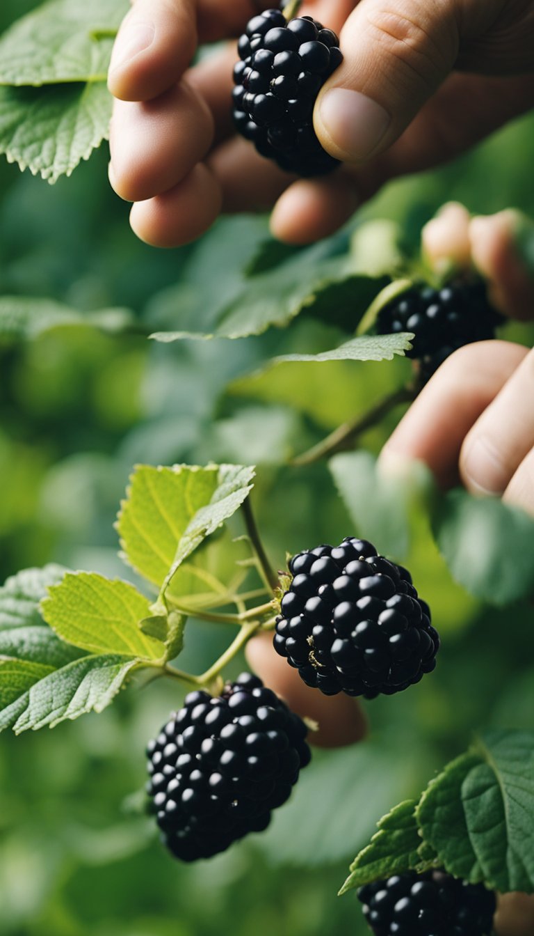 A gardener carefully selects blackberry varieties, examining their leaves and fruits for healthy specimens