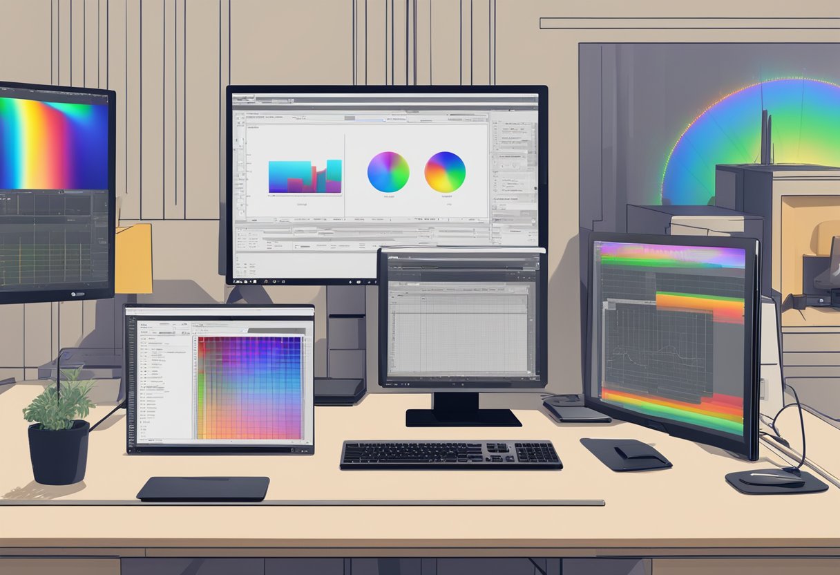 A computer monitor displaying RGB and YCbCr color spaces side by side, with color values and histograms visible