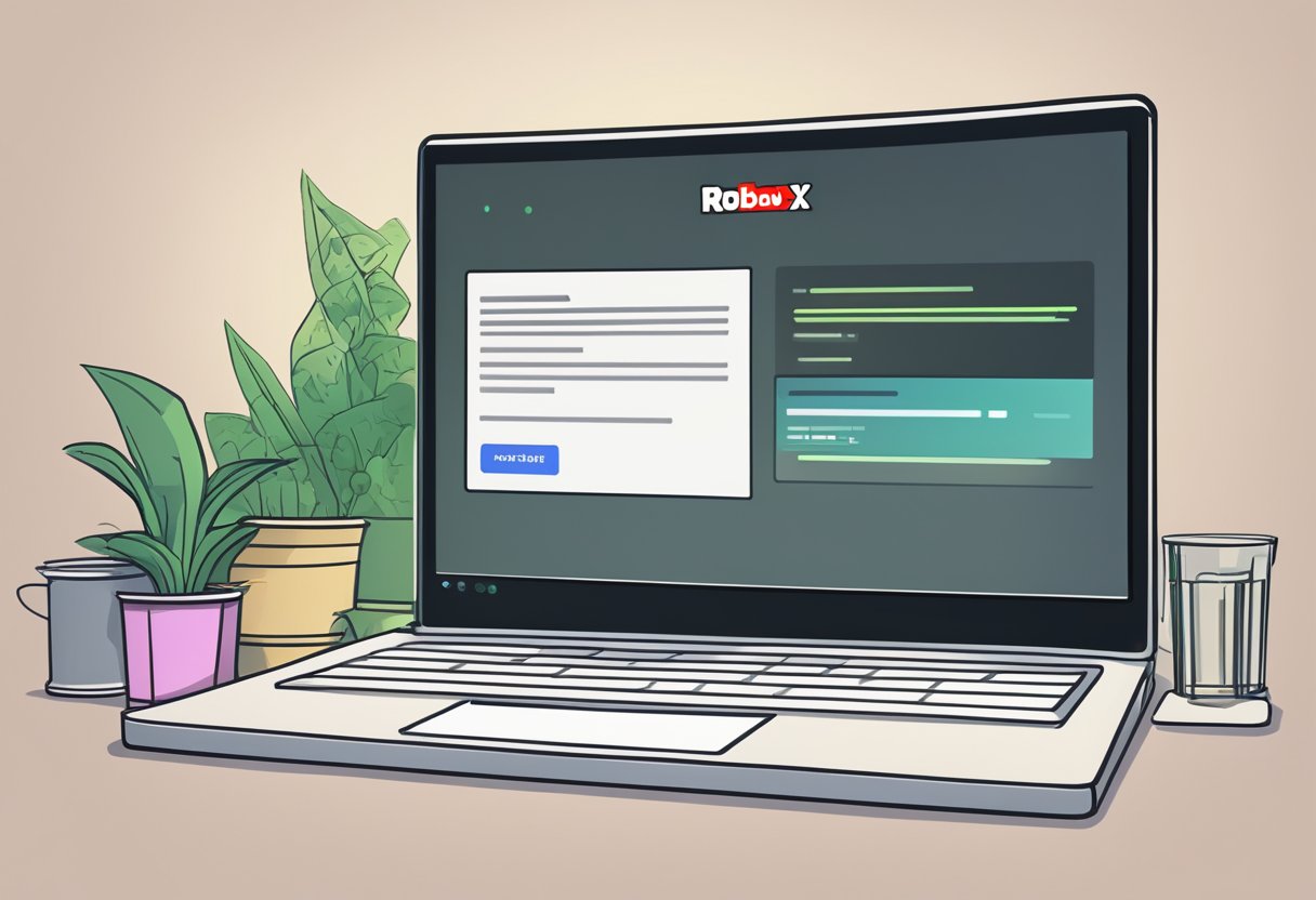 A computer screen showing a hacked Roblox account. Alert message on screen. User frantically searching for solutions online