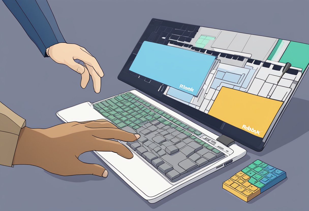 Roblox controls: A hand reaching for a keyboard, pressing keys to move a character in a virtual world