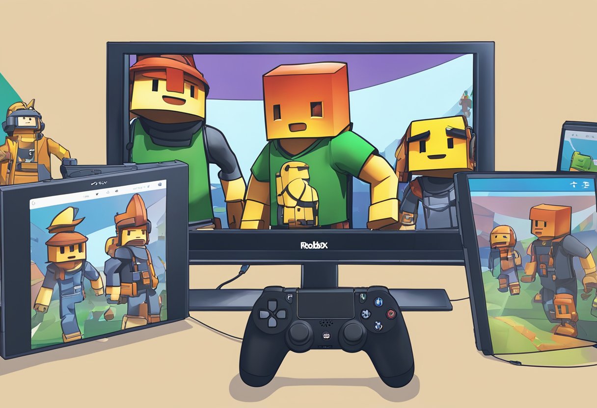 Roblox logo displayed on a PlayStation console screen with game characters interacting in a virtual world