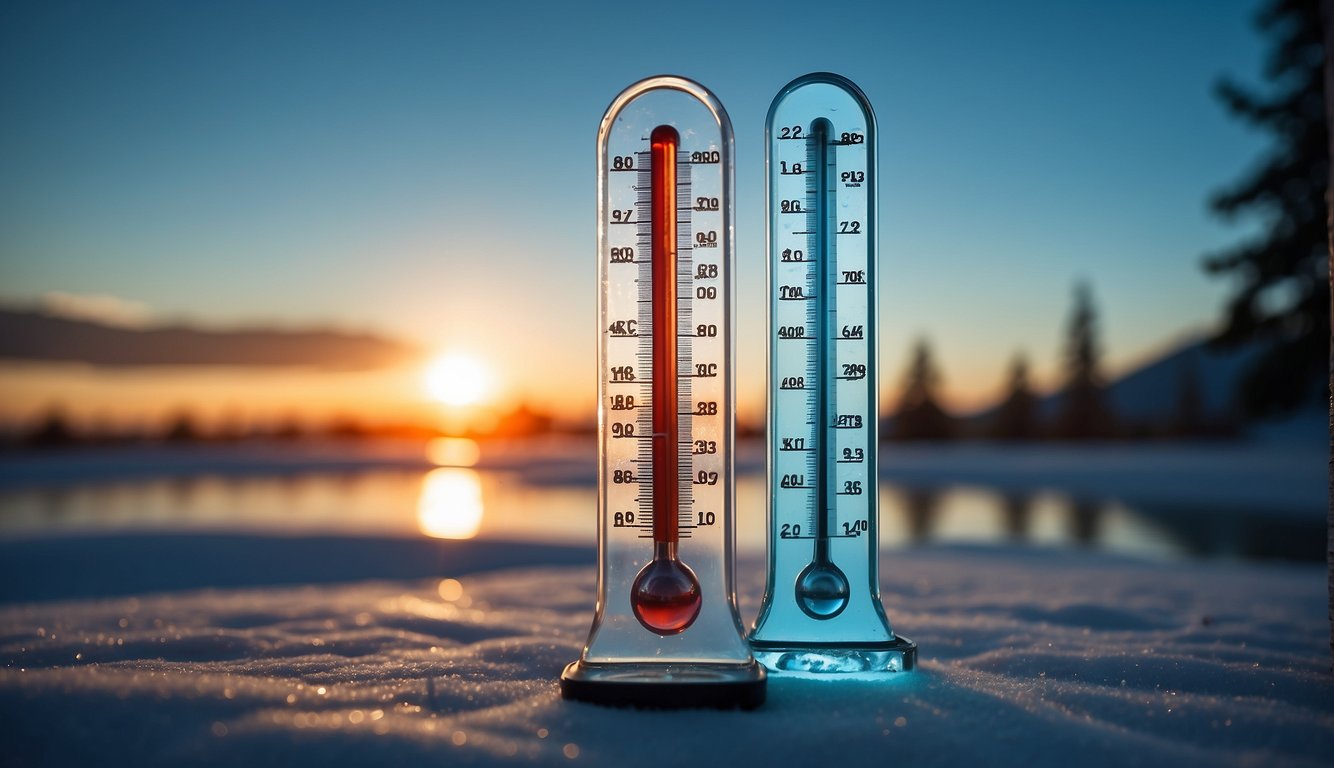 A thermometer split in half, one side icy blue and the other warm red, with corresponding email icons and metrics floating above each side