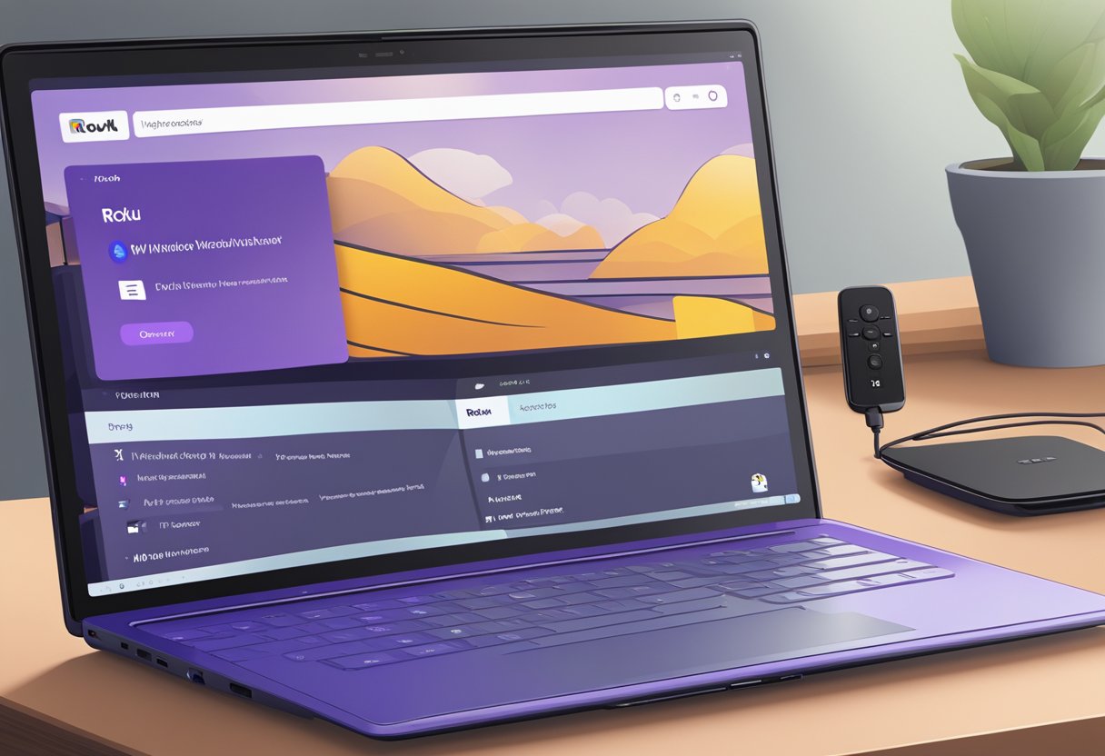 A laptop displaying the Windows 11 interface with a Roku device nearby, both connected to the same network. The laptop's screen mirroring settings are open, and the Roku device is ready to receive the connection