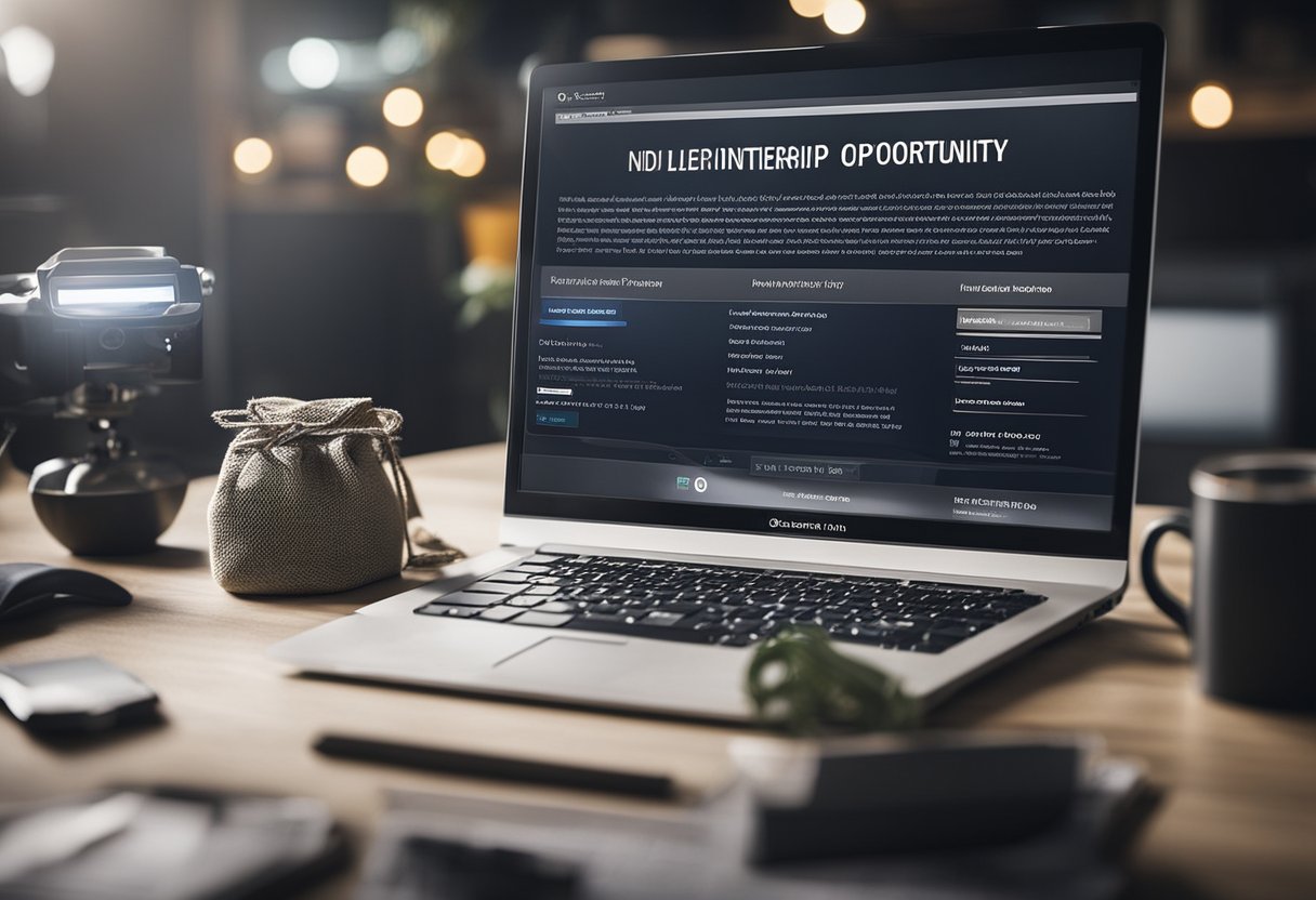 A computer screen displays a well-crafted cold email with a subject line "Internship Opportunity" and a compelling message body