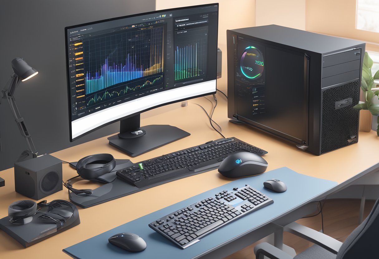 A computer monitor displaying detailed RX 580 specifications with a keyboard and mouse nearby, indicating the user is overclocking the graphics card