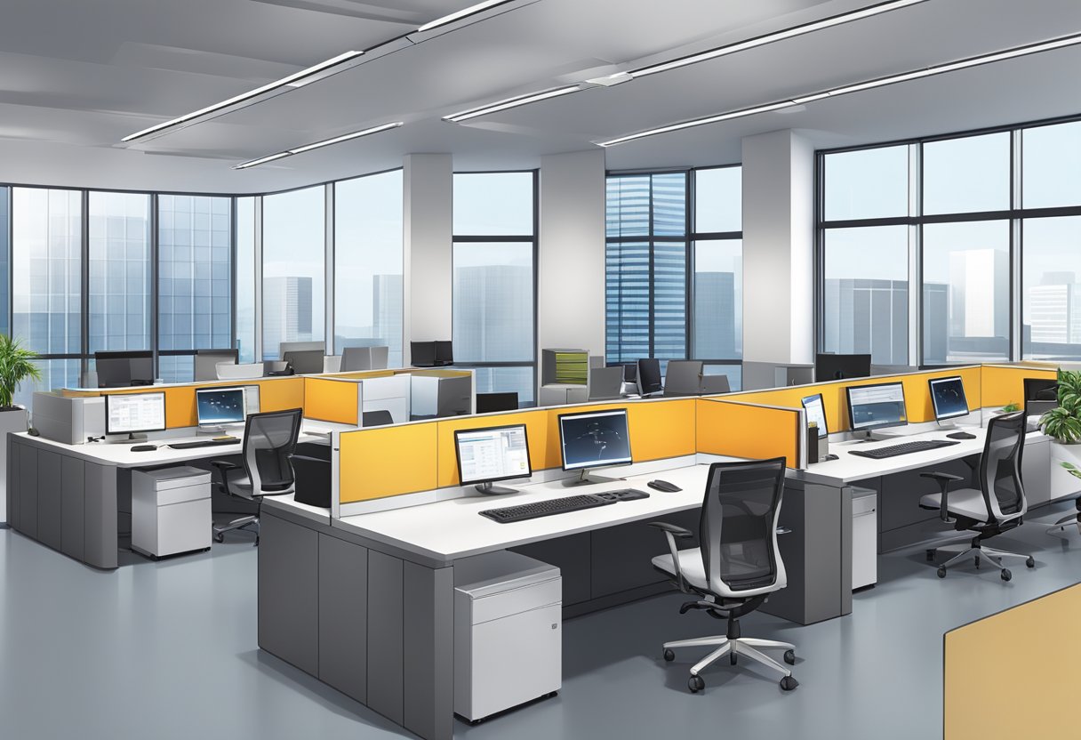 A modern, sleek office space with cutting-edge computer equipment and advanced architectural features, showcasing the transition from the 3000 series to the 5000 series CPUs