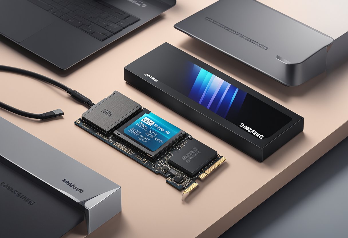 A sleek Samsung 980 Pro SSD is positioned next to a 980 model, both emitting a powerful and modern aesthetic