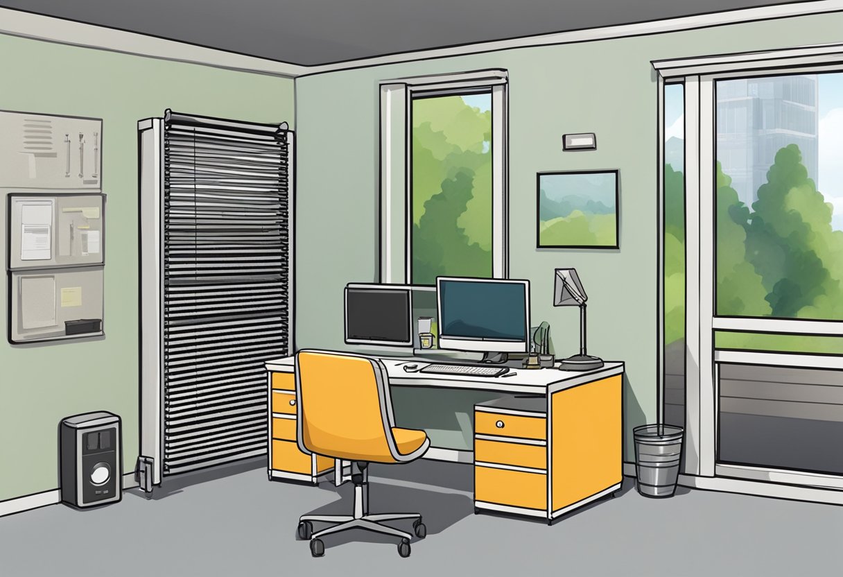 A small room with a window, a radiator, and a desk with a computer. A DPE label is visible on the wall