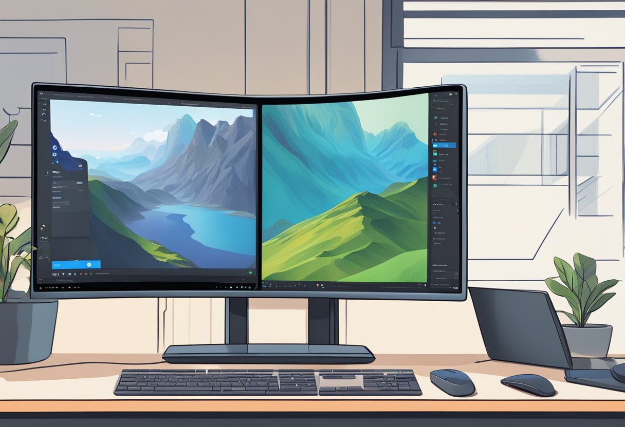 A computer monitor displaying the Windows 11 interface with a highlighted cursor taking a screenshot of the desktop