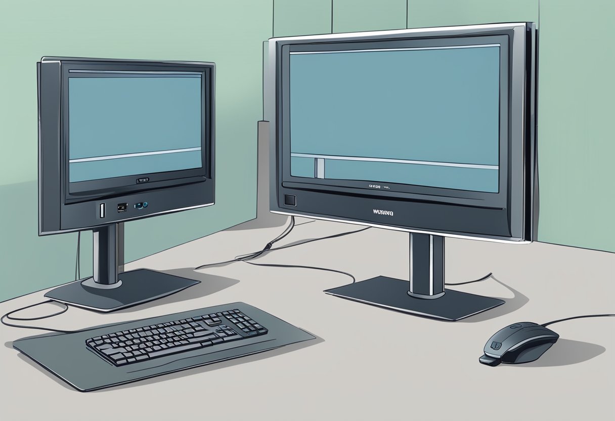 A computer monitor with one HDMI port working and another port labeled as "not working."