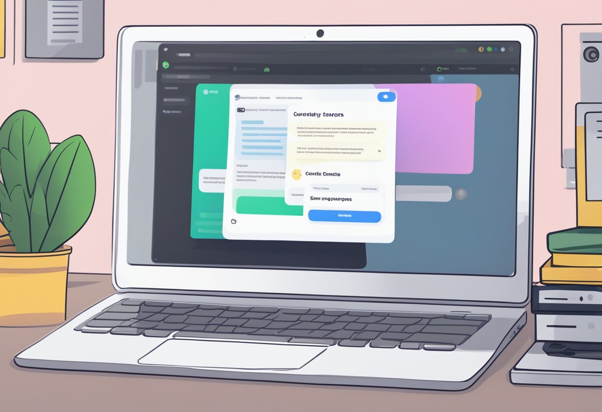A computer screen displays Discord's Privacy and Terms of Service. A message is being deleted, with an option to view deleted messages