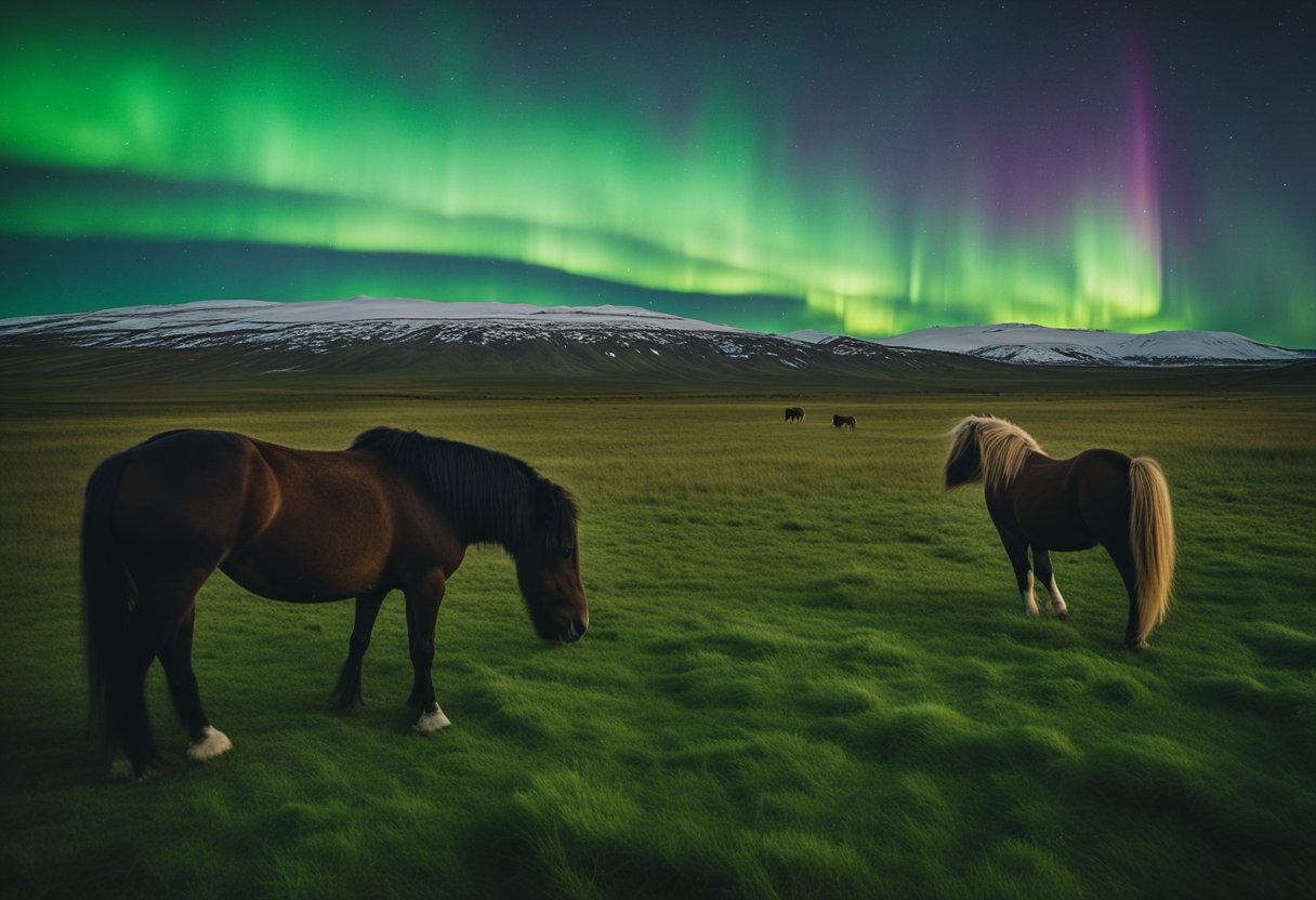 A serene, lush pasture with Icelandic horses grazing peacefully under the vibrant northern lights in the night sky