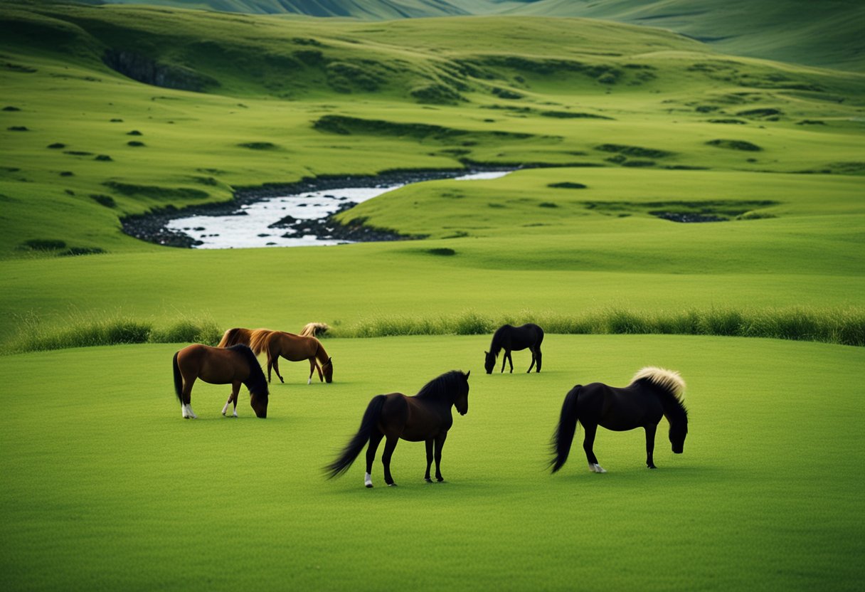 A serene island landscape with grazing Icelandic horses, a tranquil stream, and a lush green meadow