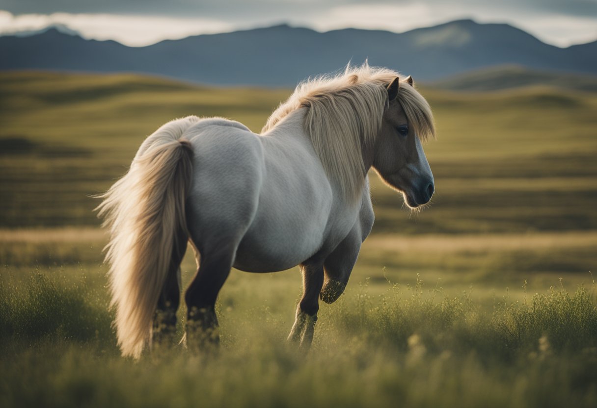 A serene Icelandic horse grazing in a lush field, with a gentle breeze ruffling its mane and the distant mountains providing a picturesque backdrop