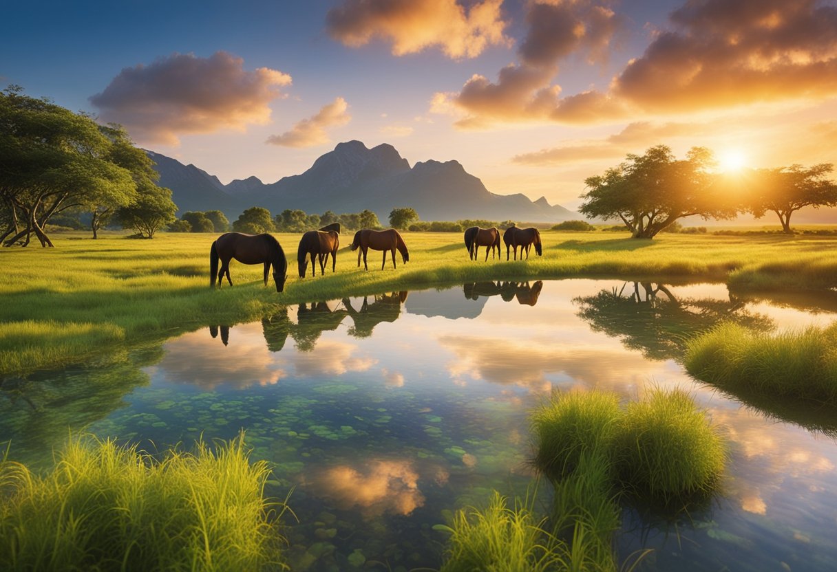 A serene island landscape with horses grazing in a lush meadow, surrounded by crystal-clear waters and a colorful sunset sky