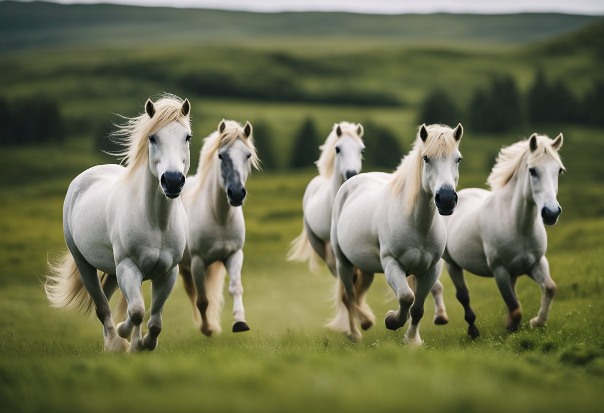 A group of Icelandic horses trot through a lush green meadow, their manes flowing in the wind as they train with their riders