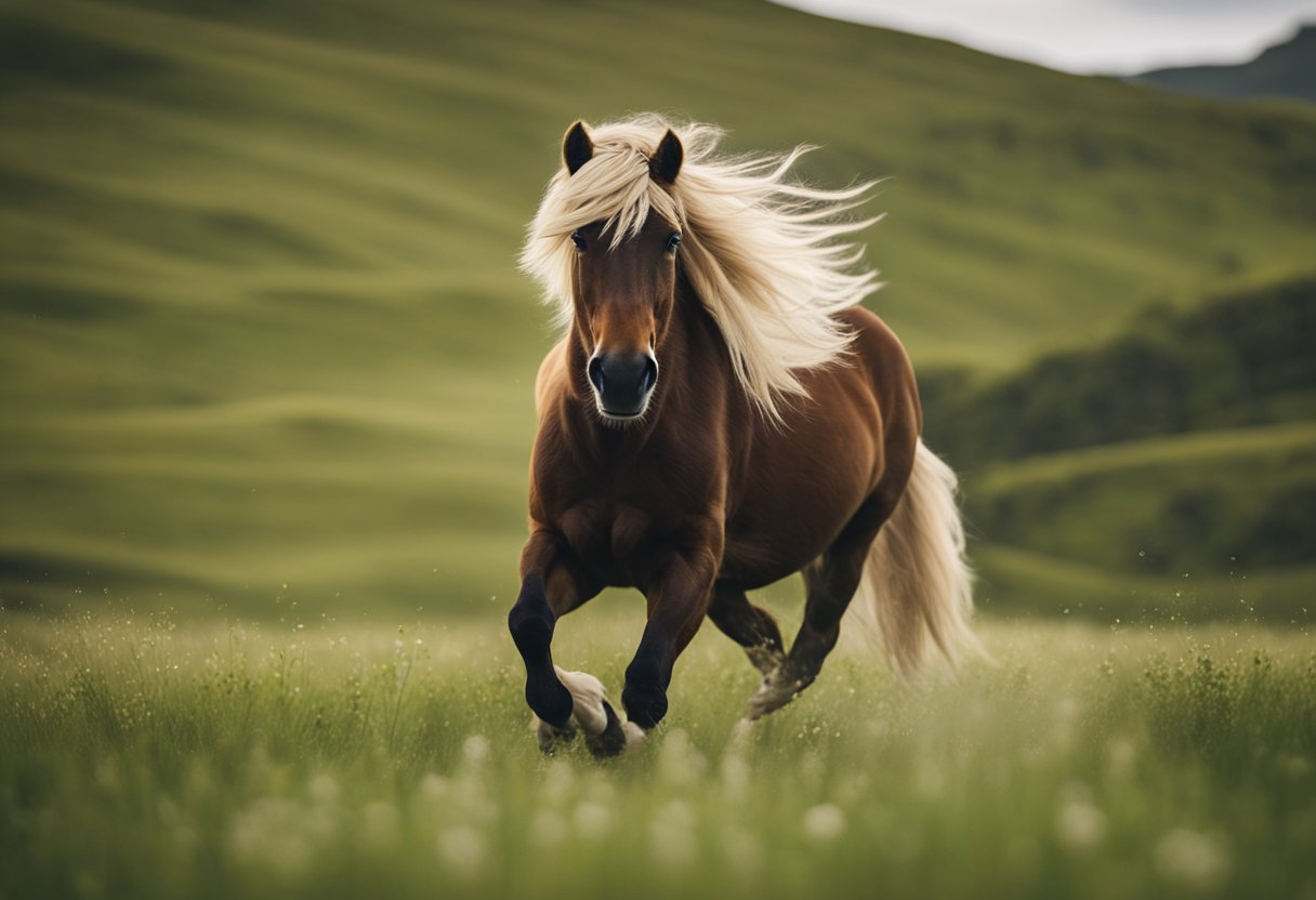 A majestic Icelandic horse galloping freely in a lush green meadow, with its beautiful mane and tail flowing in the wind