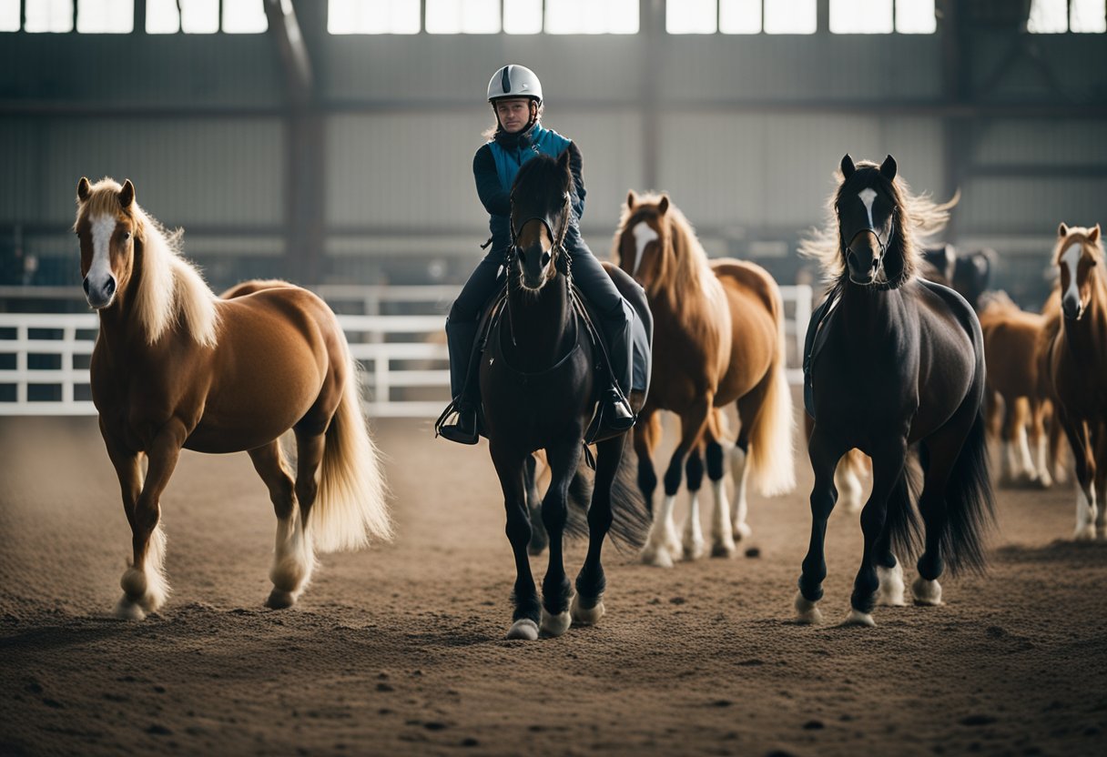 A group of Icelandic horses being led through a series of training exercises in a spacious, well-lit indoor arena