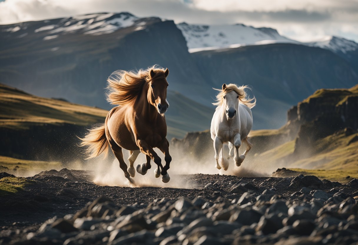 A majestic Icelandic horse galloping through a rugged, windswept landscape with towering mountains and cascading waterfalls in the background