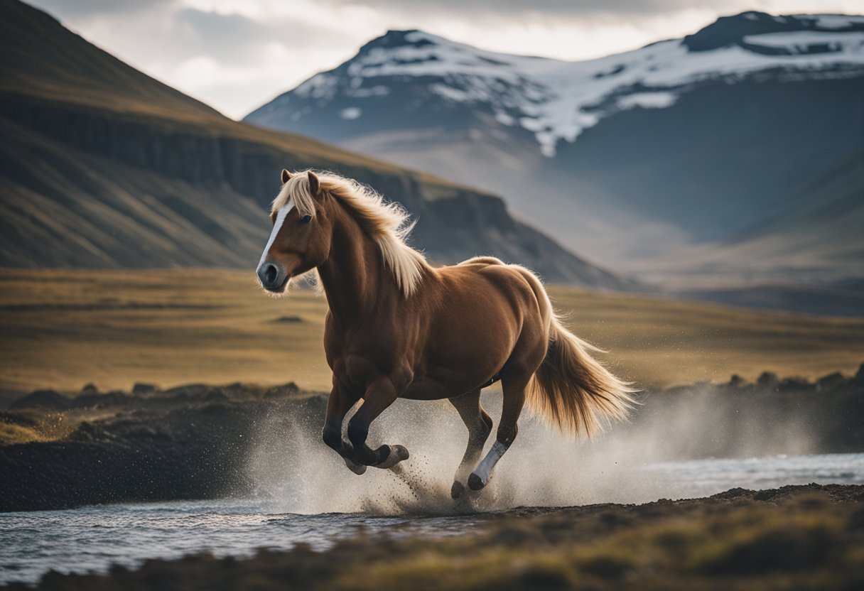 A majestic Icelandic horse gallops through rugged terrain, surrounded by mountains and a flowing river, capturing the essence of its origin and history