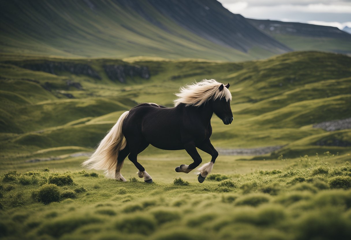 A majestic Icelandic horse gallops through rugged terrain, showcasing its strength and beauty. The landscape features volcanic mountains and lush green valleys, capturing the essence of the breed's history and development