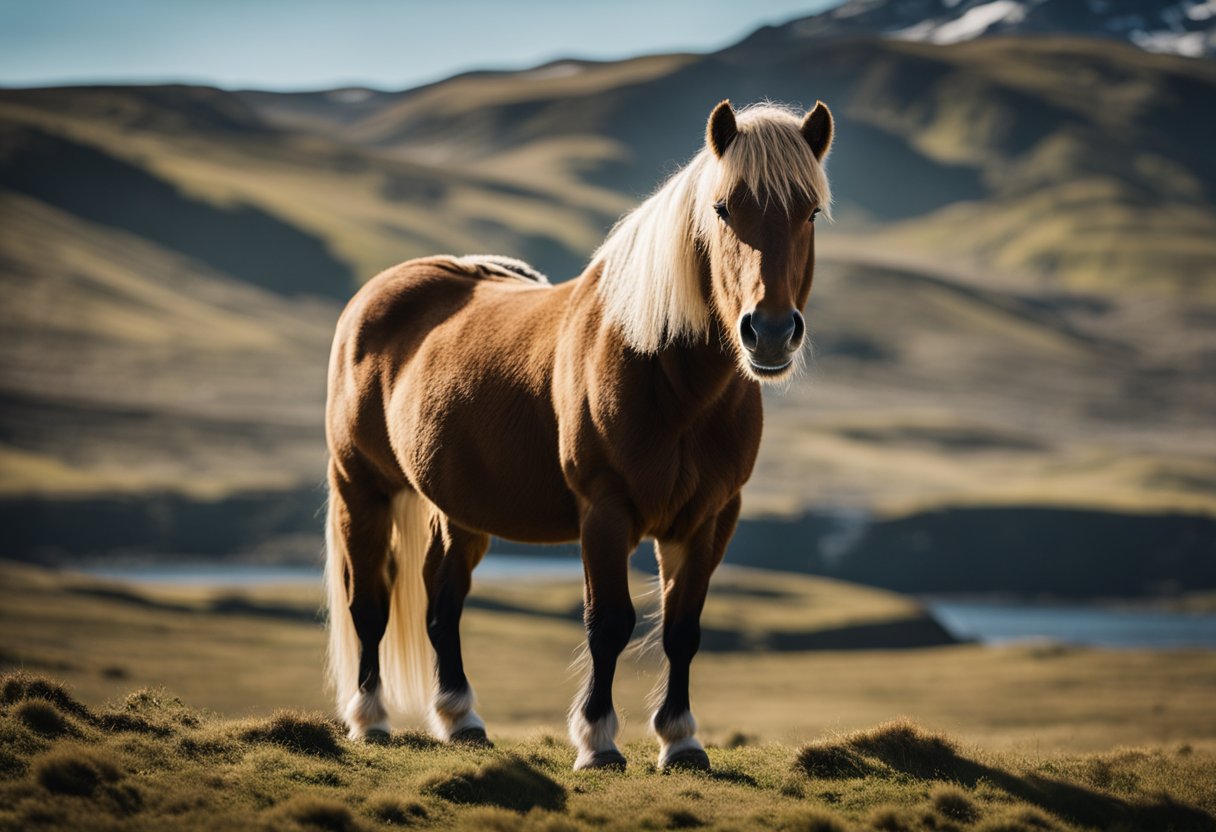 A majestic Icelandic horse stands proudly against a backdrop of rugged landscapes, showcasing its strength and beauty
