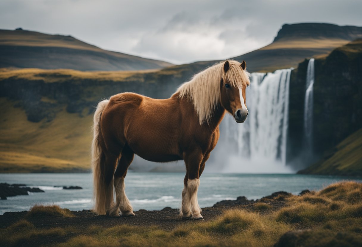 A majestic Icelandic horse stands proudly against a backdrop of rugged mountains and cascading waterfalls, symbolizing its integral role in Icelandic culture and folklore
