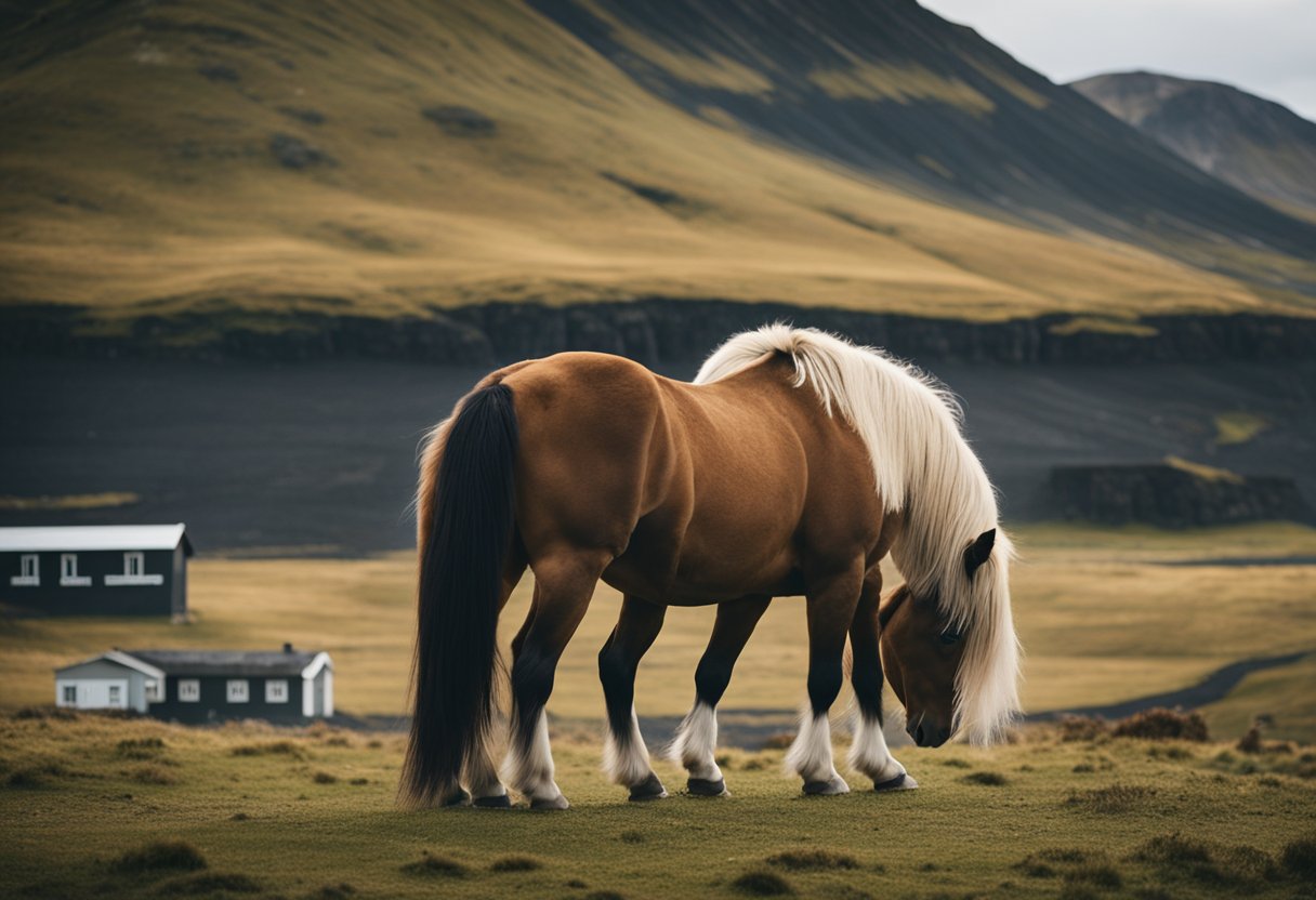 A majestic Icelandic horse stands in a rugged landscape, surrounded by volcanic terrain and traditional Icelandic buildings. The horse exudes strength and grace, embodying its historical significance in Icelandic culture and folklore