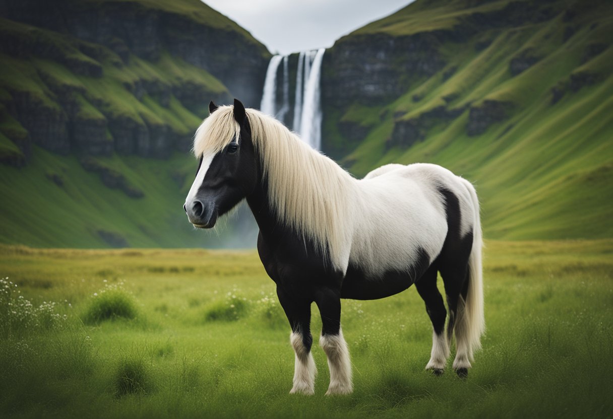 A majestic Icelandic horse stands proudly in a lush green meadow, with a backdrop of rugged mountains and a cascading waterfall