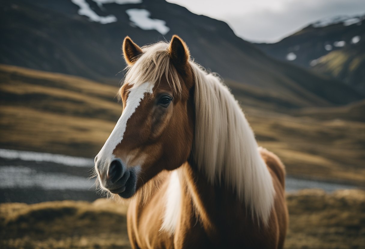 A majestic Icelandic horse stands proudly amidst a backdrop of rugged terrain and mystical landscapes, embodying the role of the Icelandic horse in the country's rich culture and folklore